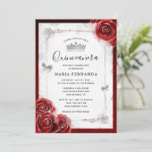 Silver and Red Rose Elegant Quinceanera Invitation (Standing Front)