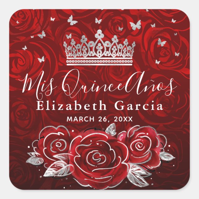 Silver and Red Rose Elegant Template Square Sticke Sticker (Front)