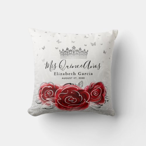 Silver and Red Rose Quinceanera Mis Quince Anos Throw Pillow