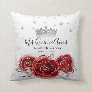 Silver and Red Rose Quinceanera Mis Quince Anos Throw Pillow
