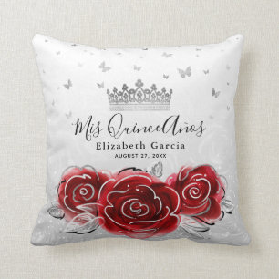Silver and Red Rose Quinceanera Mis Quince Anos Throw Pillow