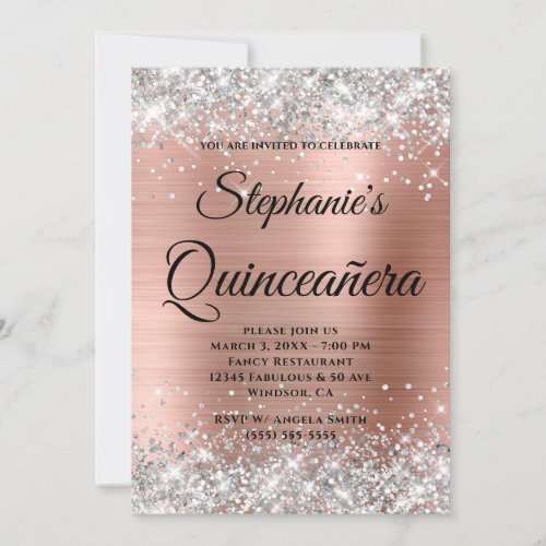 Silver and Rose Gold Fancy Monogram Quinceaera Invitation