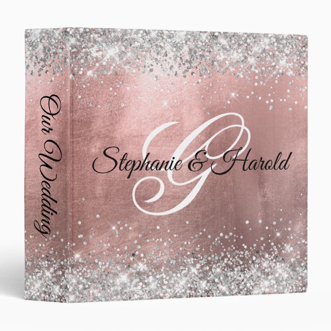 Silver and Rose Gold Fancy Monogram Wedding 3 Ring Binder (Front/Spine)