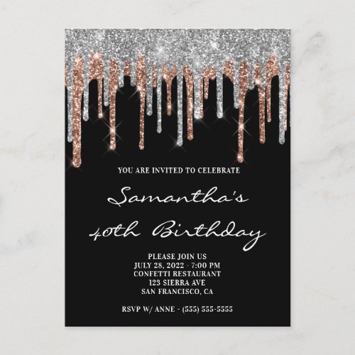 Silver and Rose Gold Glitter Drips Black Birthday Postcard