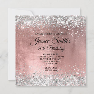 Silver and Rose Gold Glitter Foil 40th Birthday Invitation