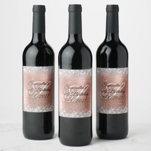 Silver and Rose Gold Glittery Foil 50th Birthday Wine Label