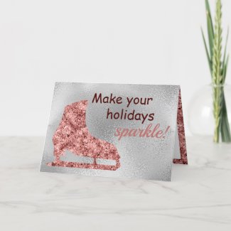 Silver and rose sparkle - Ice skating Holiday Card