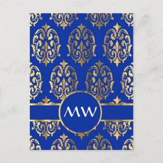 Silver and royal blue damask monogram postcard