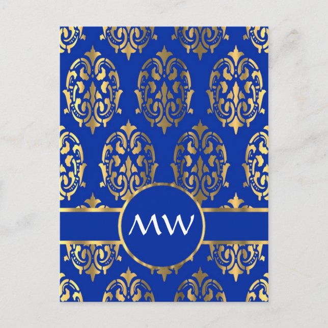 Silver and royal blue damask monogram postcard (Front)