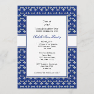 Silver and Royal Blue Fleur de Lis Graduation Invitation
