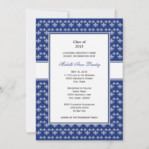 Silver and Royal Blue Fleur de Lis Graduation Invitation