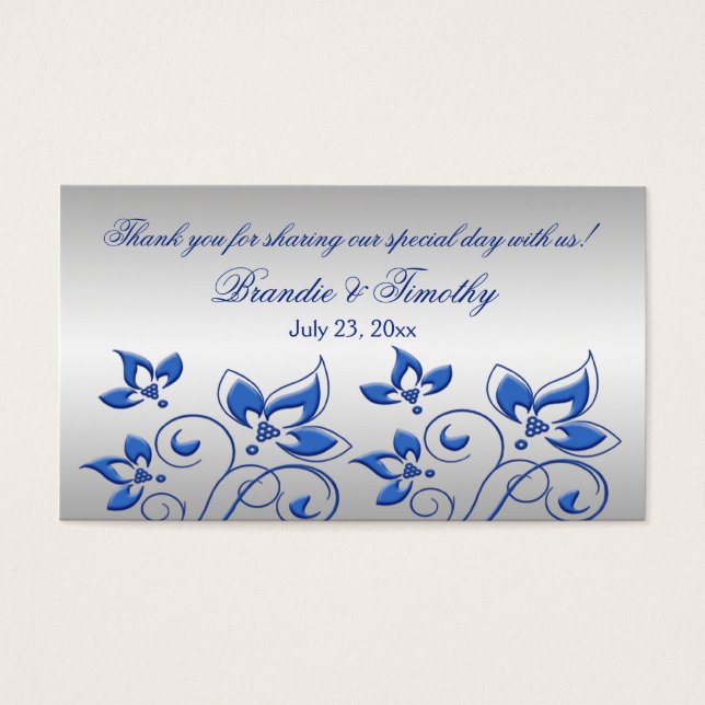 Silver and Royal Blue Floral Wedding Favor Tag (Front)
