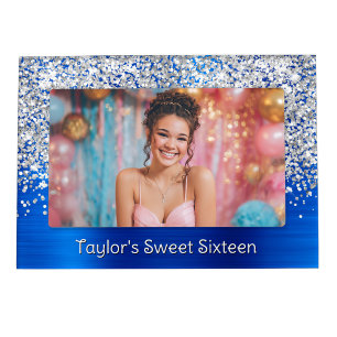 Silver and Royal Blue Glittery Glam Sweet Sixteen Magnetic Frame