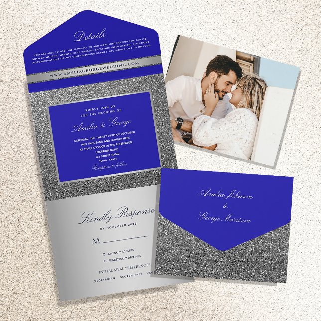 Silver and Royal Blue Luxury Wedding All In One Invitation (Creator Uploaded)