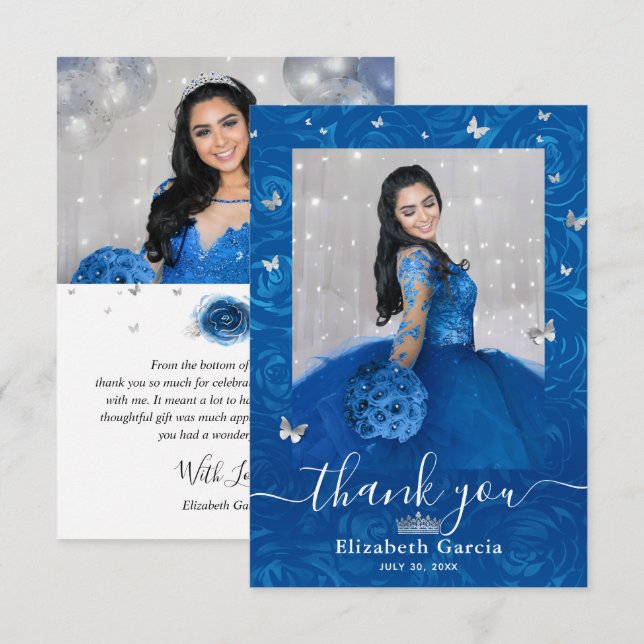 Silver and Royal Blue Quinceañera 2 Photo Birthday Thank You Card (Front/Back)