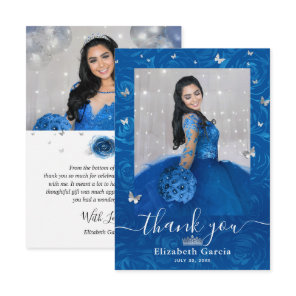 Silver and Royal Blue Quinceañera 2 Photo Birthday Thank You Card