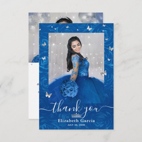 Silver and Royal Blue Quinceaera 2 Photo Birthday Thank You Card