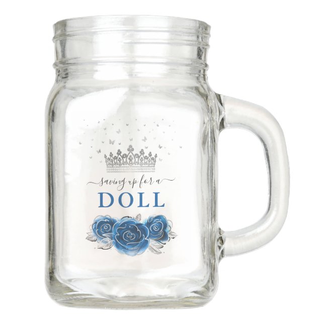 Silver and Royal Blue Quinceanera Doll Fund Mason Jar (Front)