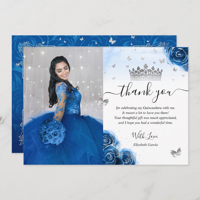 Silver and Royal Blue Quinceañera Photo Birthday Thank You Card (Front/Back)