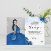 Silver and Royal Blue Quinceañera Photo Birthday Thank You Card (Standing Front)