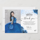Silver and Royal Blue Quinceañera Photo Birthday Thank You Card (Front)