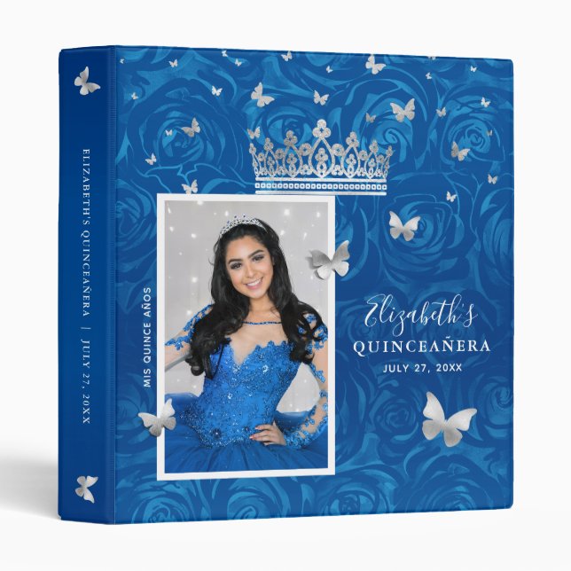 Silver and Royal Blue Rose Photo Album Guestbook 3 Ring Binder (Front/Spine)