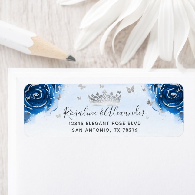 Silver and Royal Blue Roses Crown Return Address Label (Insitu)