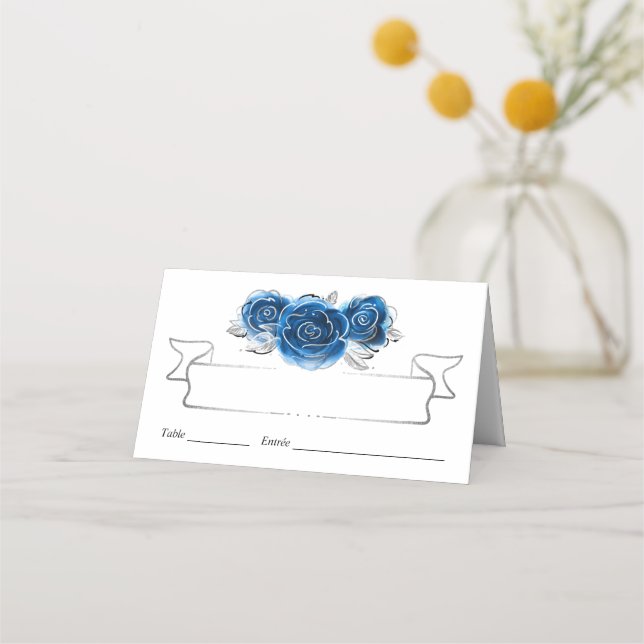 Silver and Royal Blue Roses Elegant Folded Table Place Card (Front)