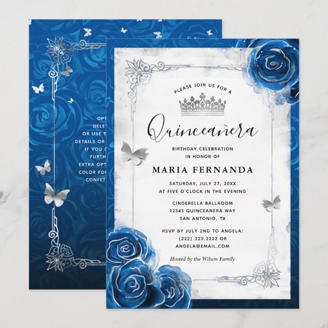 Silver and Royal Blue Roses Elegant Quinceanera Invitation (Front/Back)