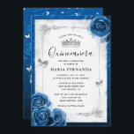 Silver and Royal Blue Roses Elegant Quinceanera Invitation<br><div class="desc">Create your own elegant royal blue and silver quinceanera invitations for your dream sweet 15 birthday party, wedding, or other special celebration. The beautiful floral design incorporates glitter silver butterfly confetti and royal blue watercolor roses illustrated by the artist Raphaela Wilson. The vintage dresses/gown border accents the white parchment paper...</div>