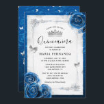 Silver and Royal Blue Roses Elegant Quinceanera Invitation<br><div class="desc">Create your own elegant royal blue and silver quinceanera invitations for your dream sweet 15 birthday party, wedding, or other special celebration. The beautiful floral design incorporates glitter silver butterfly confetti and royal blue watercolor roses illustrated by the artist Raphaela Wilson. The vintage dresses/gown border accents the white parchment paper...</div>