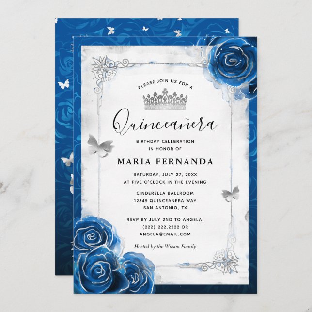 Silver and Royal Blue Roses Elegant Quinceanera Invitation (Front/Back)