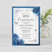 Silver and Royal Blue Roses Elegant Quinceanera Invitation (Standing Front)
