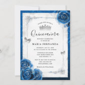 Silver and Royal Blue Roses Elegant Quinceanera Invitation (Front)