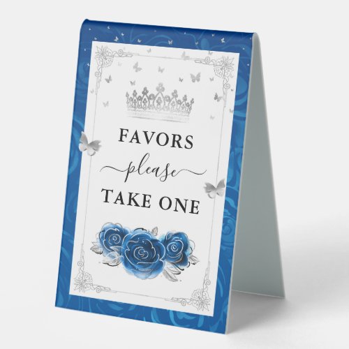 Silver and Royal Blue Roses Photo Template Favors Table Tent Sign
