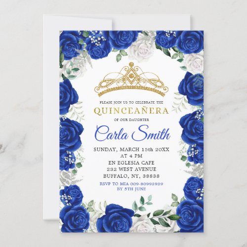 Silver and Royal Blue Roses Quinceaera Invitation