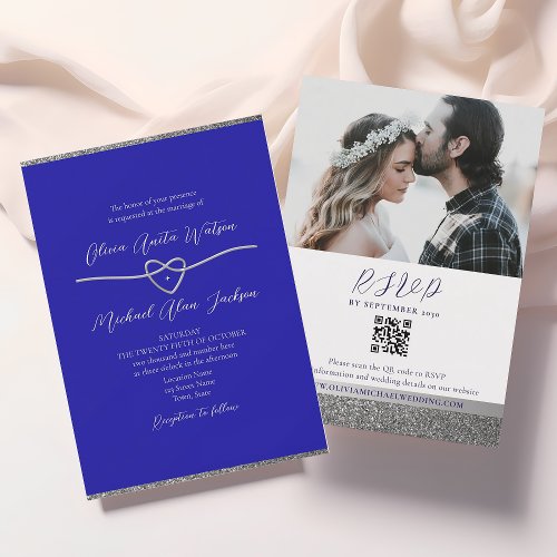 Silver and Royal Blue Wedding QR Code Invitation