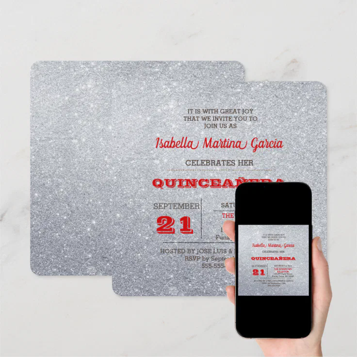 Silver and Ruby Red Sparkly Quinceañera Invitation | Zazzle
