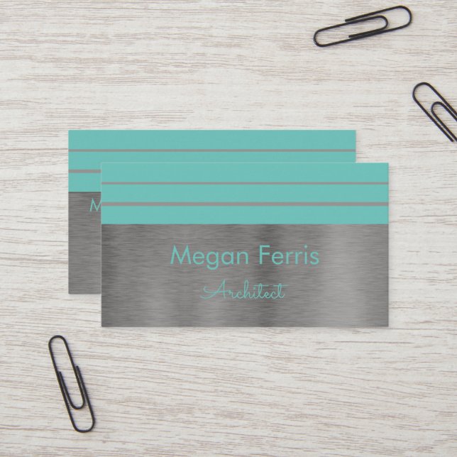 Silver and  Seafoam Green Minimalist Business Card (Front/Back In Situ)