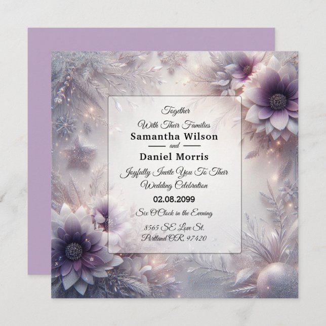 Silver and Soft Amethyst Winter Blooms Wedding Invitation (Front/Back)