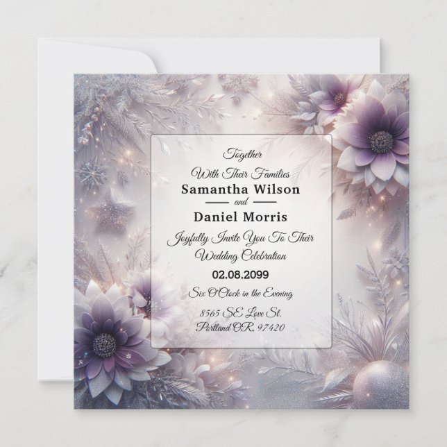 Silver and Soft Amethyst Winter Blooms Wedding Invitation (Front)