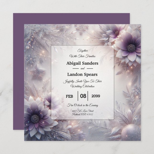 Silver and Soft Amethyst Winter Blooms Wedding Invitation (Front/Back)