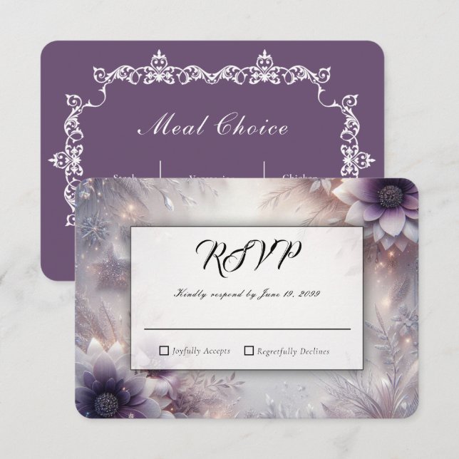 Silver and Soft Amethyst Winter Blooms Wedding RSVP Card (Front/Back)