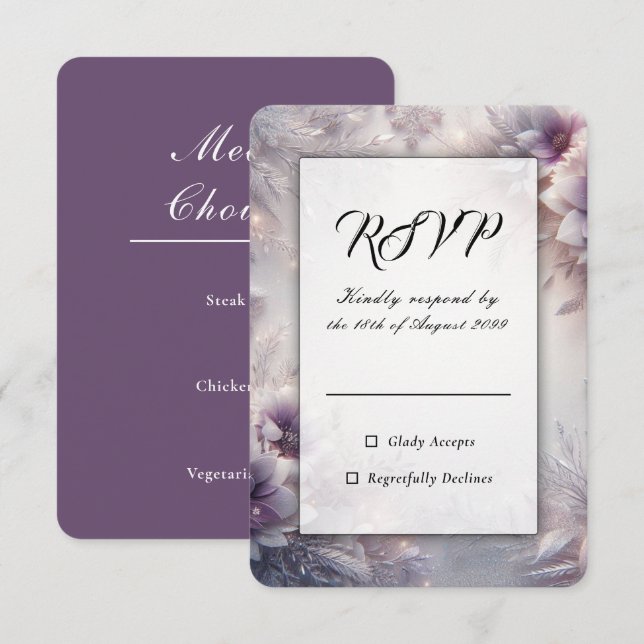 Silver and Soft Amethyst Winter Blooms Wedding RSVP Card (Front/Back)