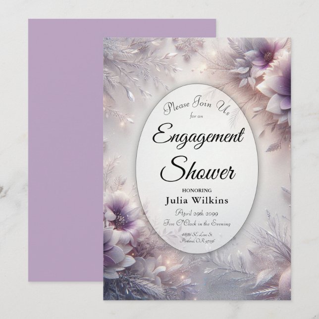 Silver and Soft Amethyst Winter Engagement Shower Invitation (Front/Back)