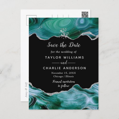 Silver and Teal Agate Wedding Save The Date Postcard