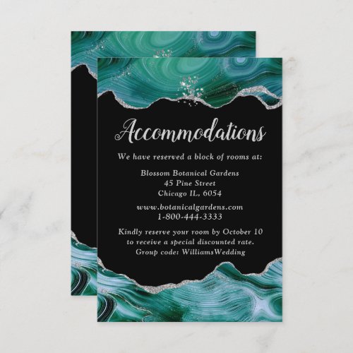 Silver and Teal Blue Agate Wedding Accommodations Enclosure Card