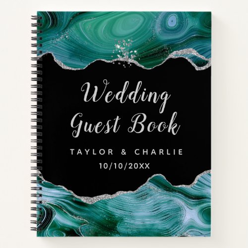 Silver and Teal Blue Agate Wedding Guest Book