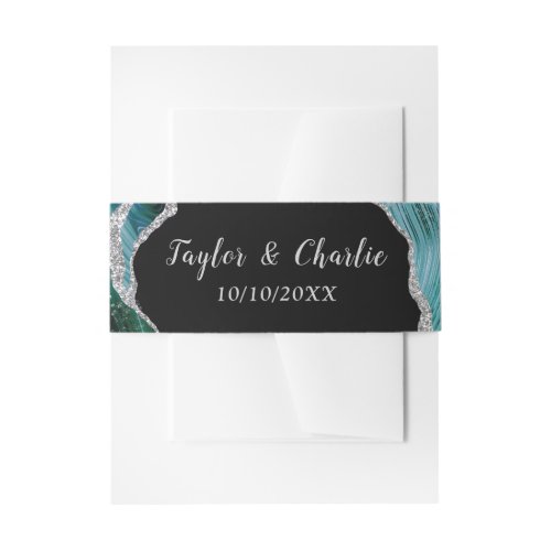 Silver and Teal Blue Agate Wedding Invitation Belly Band