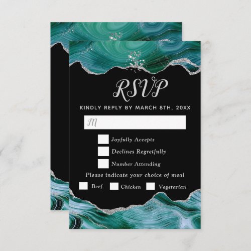 Silver and Teal Blue Agate Wedding Meal Choice RSVP Card